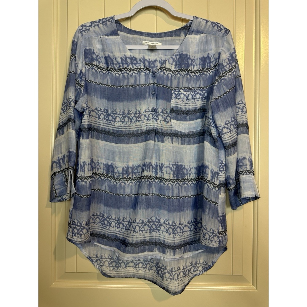 Christopher & Banks Tunic Top Women's L 3/4 Sleeve Popover rayon blouse blue